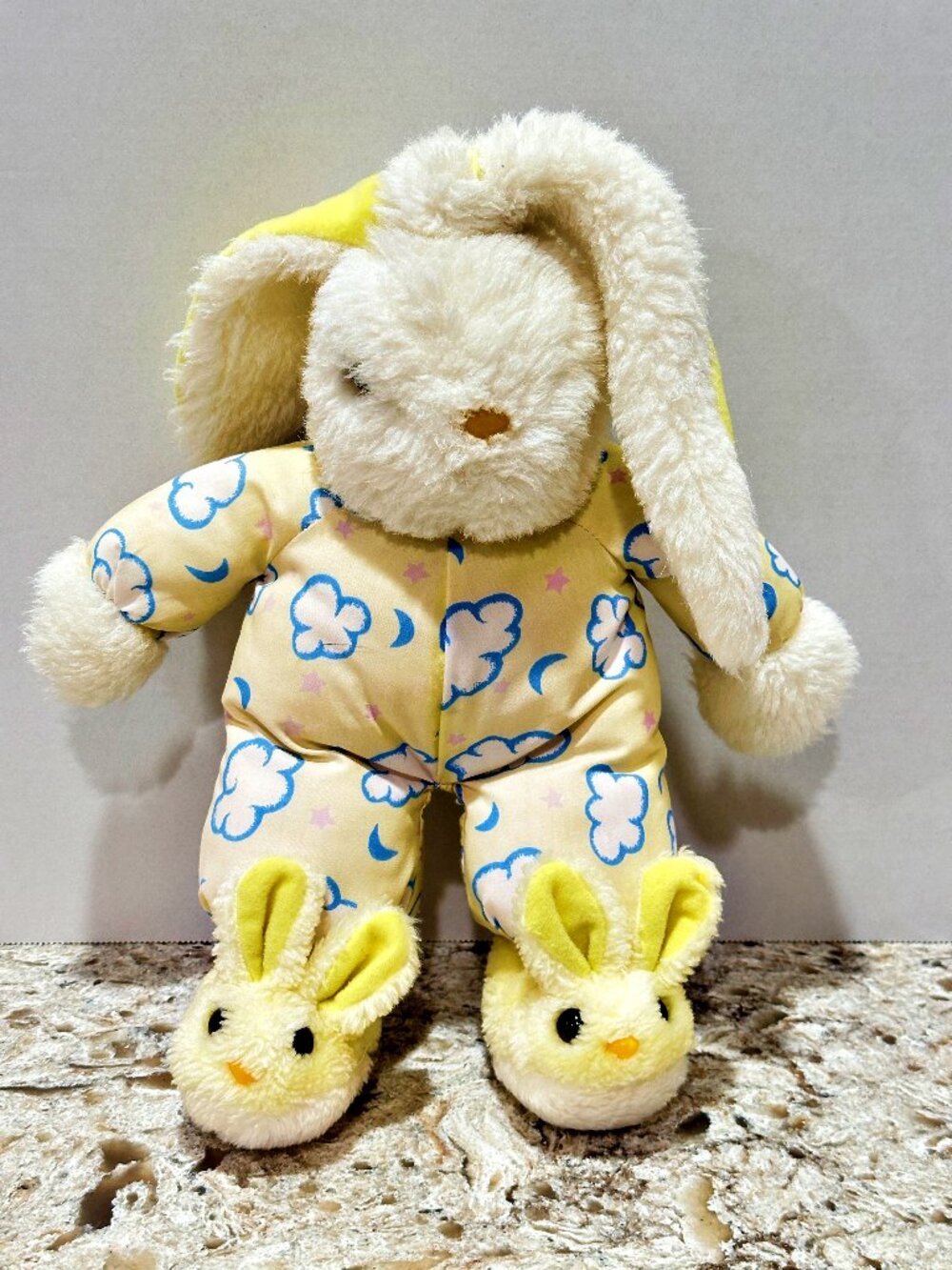 Vintage Rabbit Plush in Bunny Slippers 12 Inch Clouds Stars Outfit White Yellow